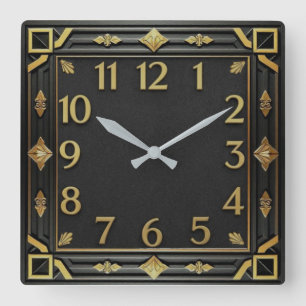 Relógio Quadrado Art Deco Preto e Dourado