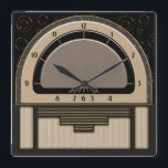 Relógio Quadrado Art Deco Radiola (Latte, Greige, Preto, Dourado)<br><div class="desc">A pintura digital original neste relógio legal foi inspirada tanto por um design de rádio Art Deco de 1930 como por um relógio de vidro popular, a Hora do Ouro Franklin. Usando várias técnicas de sombreamento para sugerir um relógio Bakelite 3D com uma borda de vidro externa amarrada em ouro...</div>