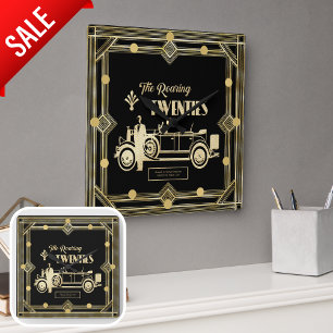 Relógio Quadrado Art Deco Roaring Twties Carro vintage Black Dourad