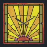 Relógio Quadrado Art Deco StainGlass 3<br><div class="desc">Relógio de parede acrílica de 10, 75 pol. x 10, 75 pol. com uma imagem de vidro manchado por Art Deco de um nascer do sol. As órbitas pretas marcam as 12, 3, 6 e 9 posições. Veja toda a coleção Roaring 20s Clock no DECOR | Seção Relógios.</div>