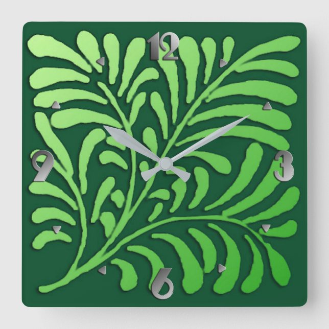 Relógio Quadrado Art Deco Stylized Fern, Sombras de Verde (Frente)