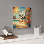 Relógio Quadrado Art Deco Tropical Beach Architecture Retro Vintage<br><div class="desc">Apresentando a adição perfeita à sua decoração com o tema da praia - o nosso incrível relógio do estilo deco. Este belo relógio apresenta um design único de palmeiras tropicais e arquitetura em um estilo de deco de arte, trazendo um toque de charme de safra para qualquer sala. Segure este...</div>