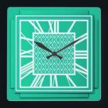 Relógio Quadrado Art Deco, turquesa / pavão<br><div class="desc">Art Deco,  turquesa / pavão,  relógio de efeito azul-3 d verde-pavão com números brancos - gráficos digitais</div>