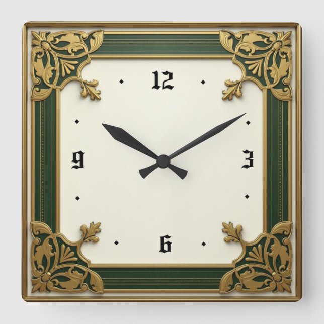 Relógio Quadrado Art Deco Verde Elegante (Frente)