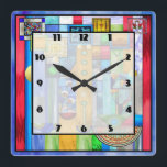 Relógio Quadrado Art Deco Vidro Estampado 1<br><div class="desc">Relógio de parede acrílica de 10, 75" x 10, 75" com imagem de um trabalho de arte de vidro manchado com floco Art Deco, que lembra determinadas 1920. Rosto de relógio fácil de ler em quadrado branco transparente com borda fina e preta. Veja toda a coleção Este e Aquele Relógio...</div>