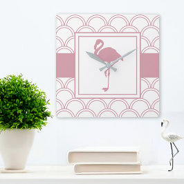 Relógio Quadrado Art Deco Wave Patten Pink Flamingo