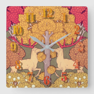 Relógio Quadrado Art Nouveau Árvores de outono e veados Queda Vinta