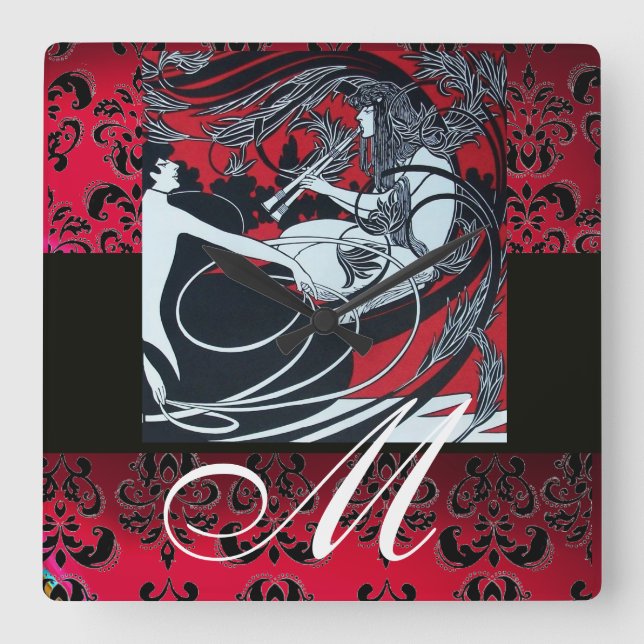 Relógio Quadrado ART NOUVEAU FAUN Red Burgundy, Black Damask (Frente)