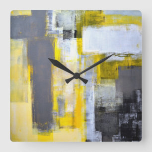 Relógio Quadrado Arte abstracta cinzenta e amarela "ocupada,