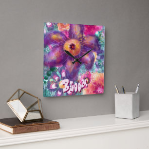 Relógio Quadrado Arte abstrata floral caprichosa em azul-personaliz