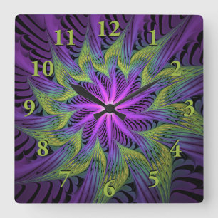 Relógio Quadrado Arte abstrata fractal moderna flor roxa verde