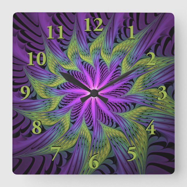 Relógio Quadrado Arte abstrata fractal moderna flor roxa verde (Frente)
