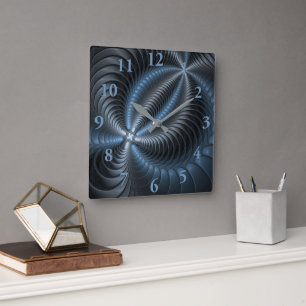 Relógio Quadrado Arte abstrata moderna fractal 3D cinza azul plásti