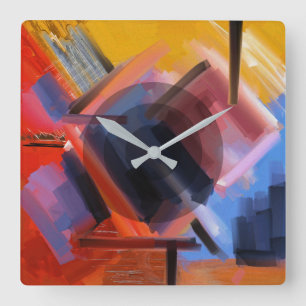 Relógio Quadrado Arte abstrata moderna vermelha laranja preta rosa