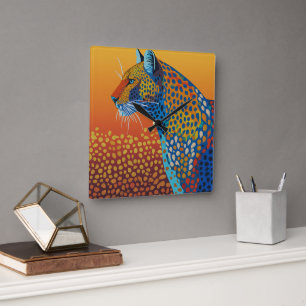 Relógio Quadrado Arte Abstrata Vibrante de Leopardo