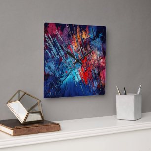 Relógio Quadrado Arte Abstrato Contemporânea Vermelha Azul de Fiaçã