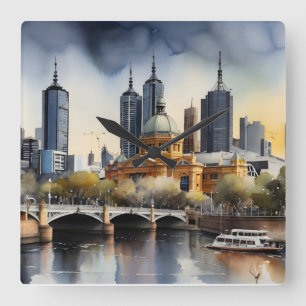 Relógio Quadrado arte aquarela Melbourne