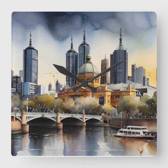 Relógio Quadrado arte aquarela Melbourne (Frente)