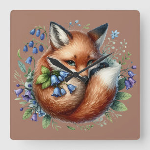 Relógio Quadrado Arte Botânica da Raposa Floral Floresta