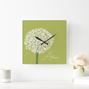 Relógio Quadrado Arte Botânica de Flor de Allium Flora Elegante
