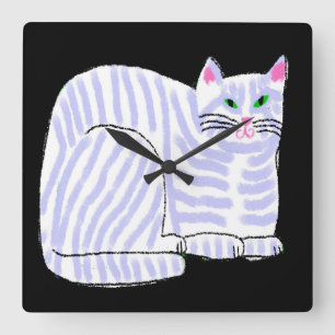 Relógio Quadrado Arte de Abstrato de Gato com Striping Roxo
