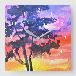 Relógio Quadrado Arte de aquarela da paisagem do Sonho Sunset