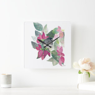 Relógio Quadrado Arte de Aquarela de Pássaro Junco Olhado Escuro