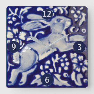 Relógio Quadrado Arte de Azulejo cerâmica de Leito Azul e Branco