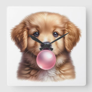 Relógio Quadrado Arte de berçário de cachorrinho marrom fofo sopran