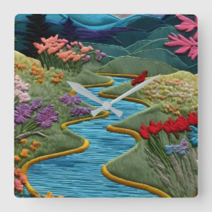 Relógio Quadrado Arte de Bordado Colorido do Vale do Rio na Parede