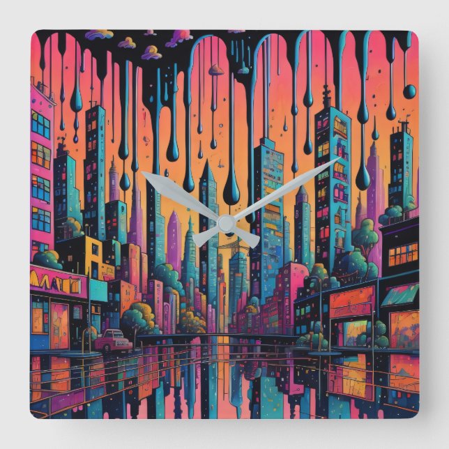Relógio Quadrado Arte de Cidade de Unidade Psicodélica (Frente)
