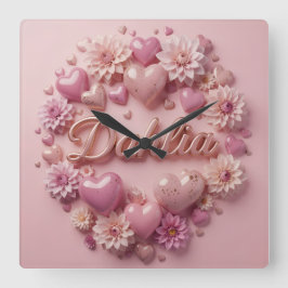 Relógio Quadrado Arte de Flor de Dahlia Pastel com Corações