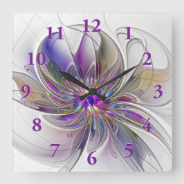 Relógio Quadrado Arte de Floral Fractal Abstrata Colorida e Energét