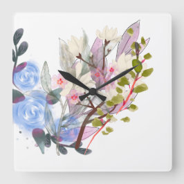 Relógio Quadrado Arte de Folhas Florais – Flores Elegantes e Botâni