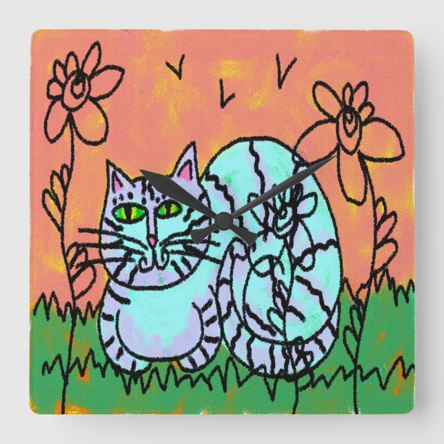 Relógio Quadrado Arte de Gato Abstrato original (Frente)