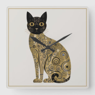Relógio Quadrado Arte de Gato Preto Decorativo Dourado no Estilo Gu