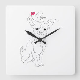 Relógio Quadrado Arte de linha de Chihuahua com nome