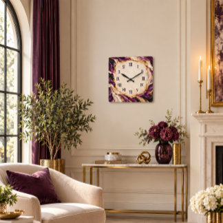 Relógio Quadrado Arte de Mármore Geodo Dourado Roxo Numeral Romano