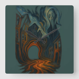 Relógio Quadrado Arte de Paisagem Urbana Sombria Surrealista com Fi