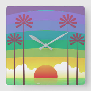 Relógio Quadrado Arte de palmeiras com pôr do sol roxo retrô