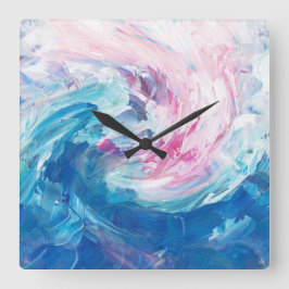 Relógio Quadrado Arte de Pintura Abstrata Rosa Azul Giratória 