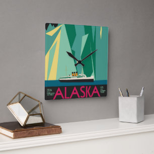 Relógio Quadrado Arte de Poster de Viagem do Alasca Antigo, Geleira