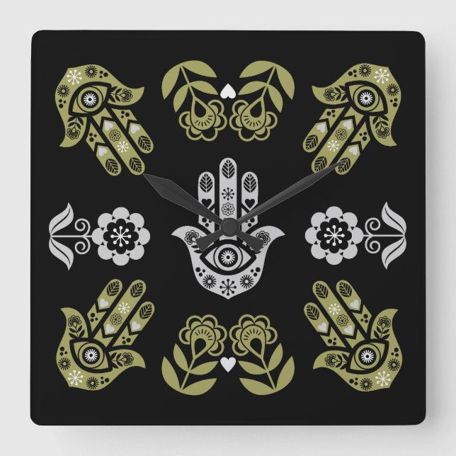 Relógio Quadrado Arte de Proteção da Mão Hamsa (Frente)