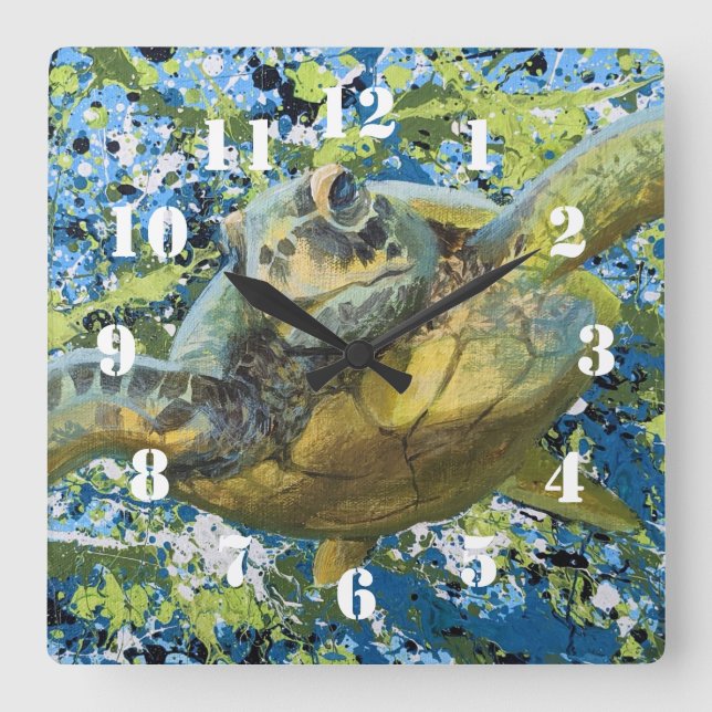 Relógio Quadrado Arte de respingos de tartaruga (Frente)