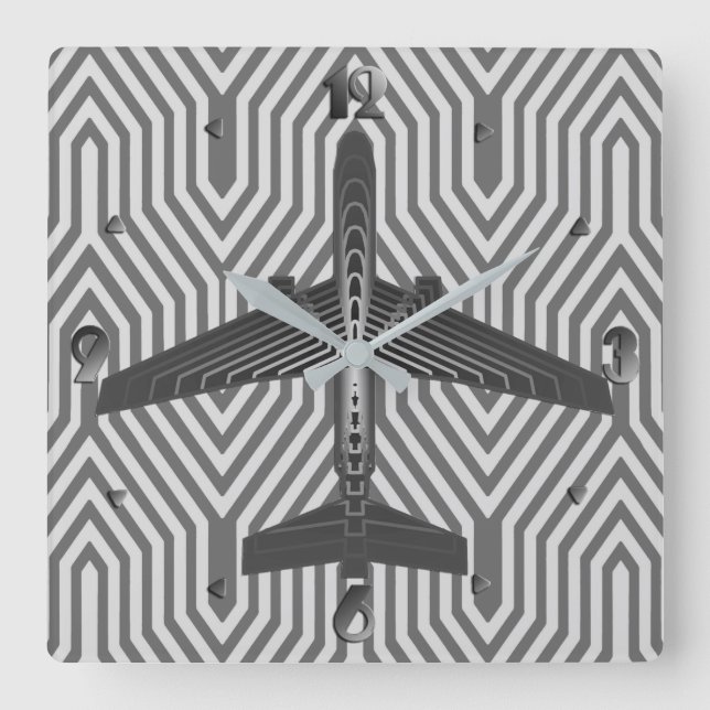 Relógio Quadrado Arte Deco Avião, Grafite e Cinzas de Prata (Frente)