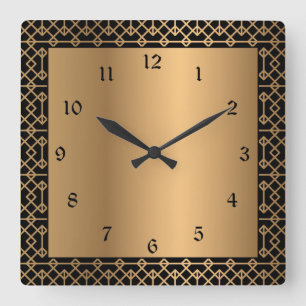 Relógio Quadrado Arte Deco Encantamento Dourado e Preto
