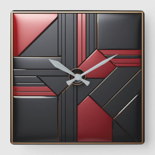 Relógio Quadrado Arte Deco Geométrico Vermelho Preto Elegante