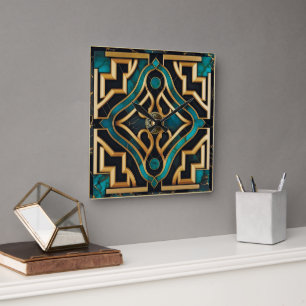 Relógio Quadrado Arte Deco Mármore Grego Verde Dourado Mandala Luxo