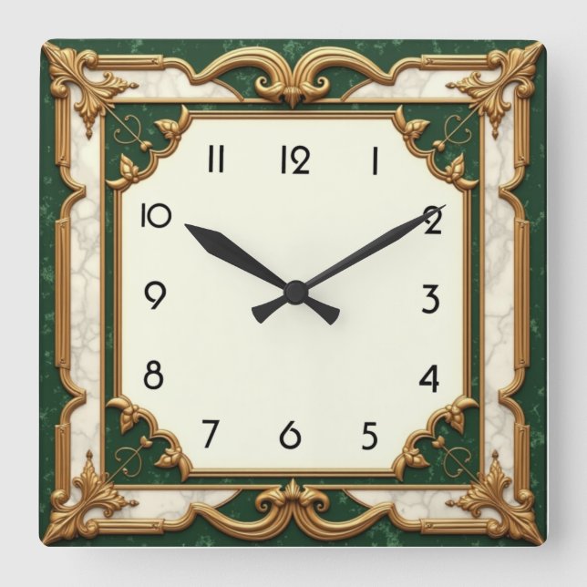 Relógio Quadrado Arte Deco Verde Elegante (Frente)