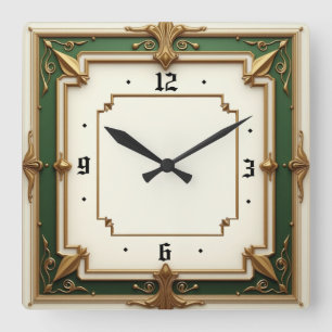 Relógio Quadrado Arte Deco Verde Elegante